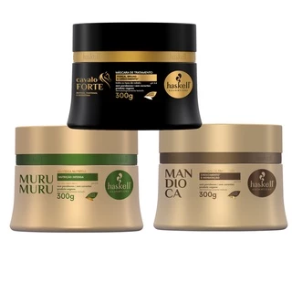 Kit Cronograma Capilar Haskell Para Cabelos Ressecados Máscara Murumuru 300g, Cavalo Forte 300g e Mandioca 300g