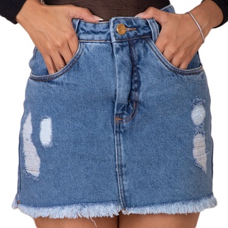 Saia Jeans Feminina Curta Barra Desfiada Cintura Alta Basica
