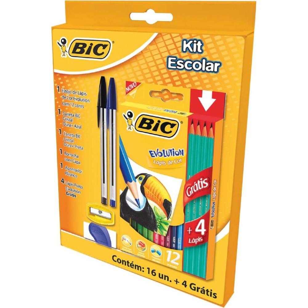 Kit Escolar, BIC, 12 Lápis de Cor + 4 Lápis Preto Evolution + 2 Canetas  Cristal Dura + 1 Borracha + 1 Apontador