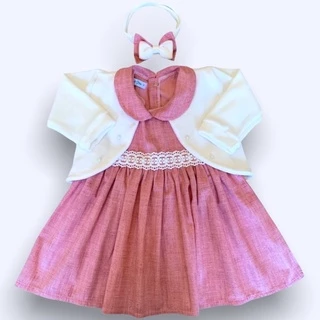 Vestido de Bebê Luxo com Bolero e Tiara 100% Algodão 2-18 Meses 3 Peças