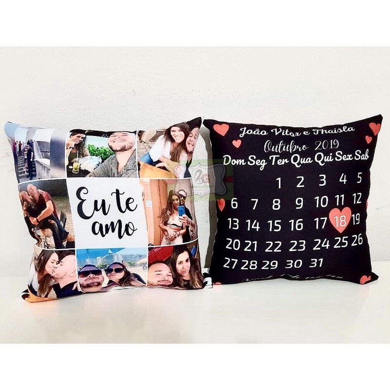 Almofada personalizada com fotos calendário anos de namoro, casamento presente