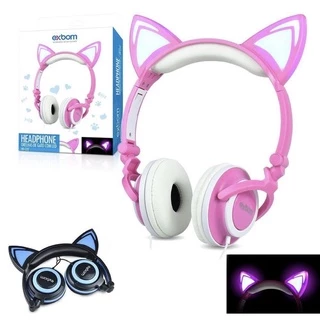 Fone de Ouvido Headphone Orelha de Gato Rosa/Branco