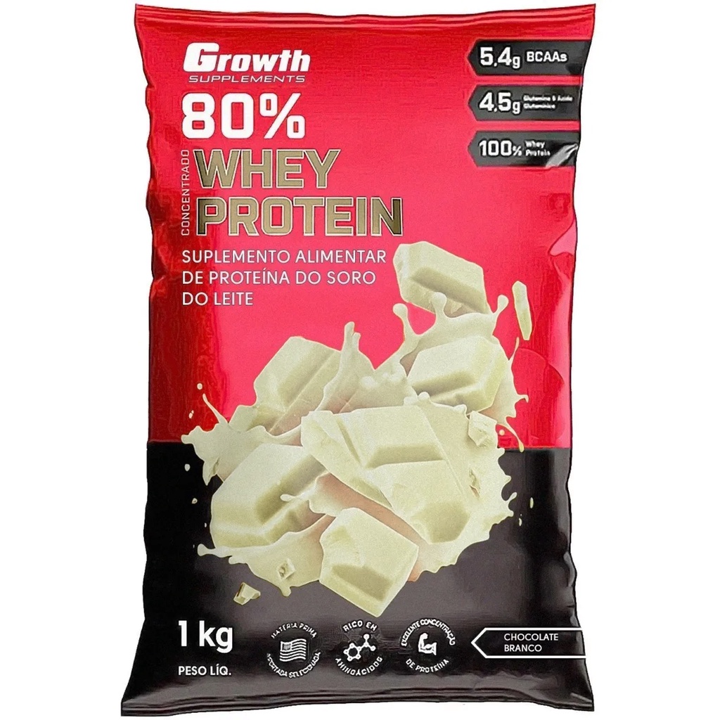 Whey Sabor Chocolate Branco protein 80% Proteína Concentrado 1Kg Growth Suplementos Original