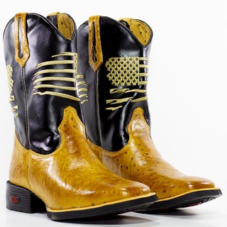 Bota Country Texana Masculina Em Couro Cano Alto Bordado Bico Quadrado Detalhe Avestruz