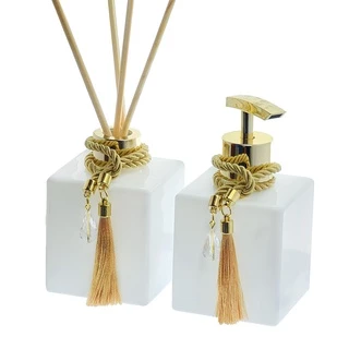 Kit Banheiro Aromatizador Sabonete Líquido Lavabo Cubo Branco Luxo