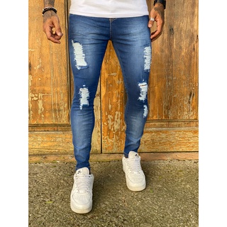 Calca jeans skinny Preta Destroyed Rasgada Desfiada ElastanoLaycra.