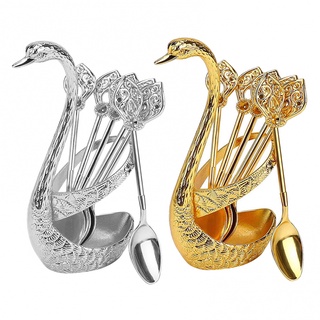Conjunto De Colher De Café Cisne Gold Creative Jantar Set 6PCS Colheres De Sobremesa Delicadas Em Forma De Com Suporte De Base Para Sorvete