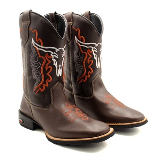 Bota Masculina Texana Em Couro Legitimo Country Cano Longo Bordado Bico Quadrado