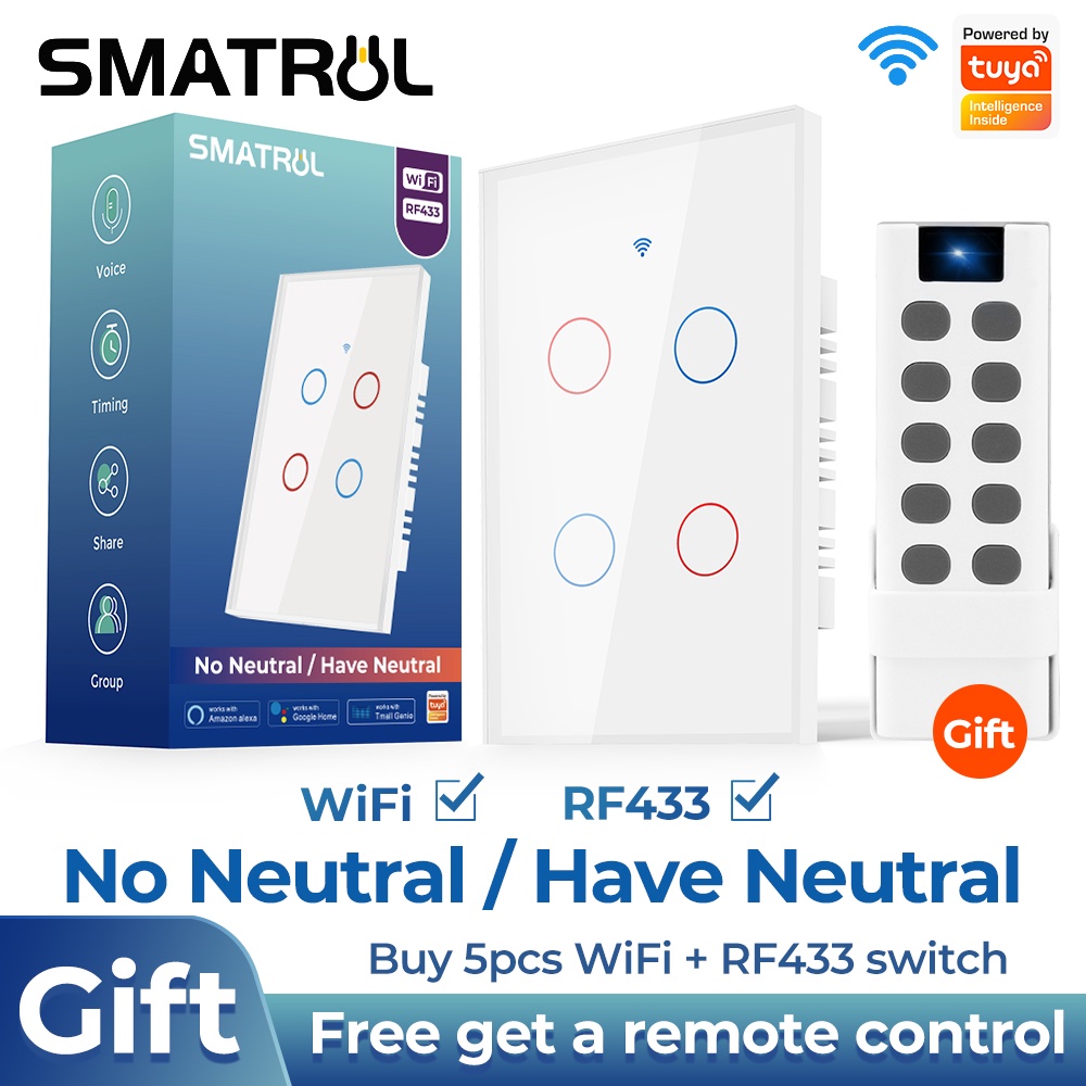 WiFi Smart Light Switch, RF433, sem fio neutro, fogo único, vida