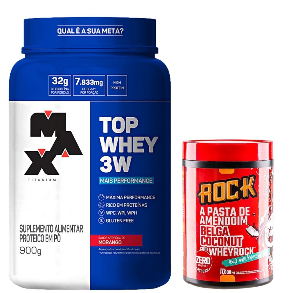 Top Whey 3w Mais Performance Pote (907g) Max Titanium + Pasta de Amendoim com WheyRock (1kg) Rock