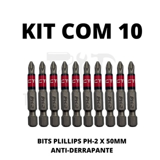 KIT COM 10 Bits Phillips PH2x50mm Ponta Antiderrapante e Magnética - Usado em qualquer marca de parafusadeira.
