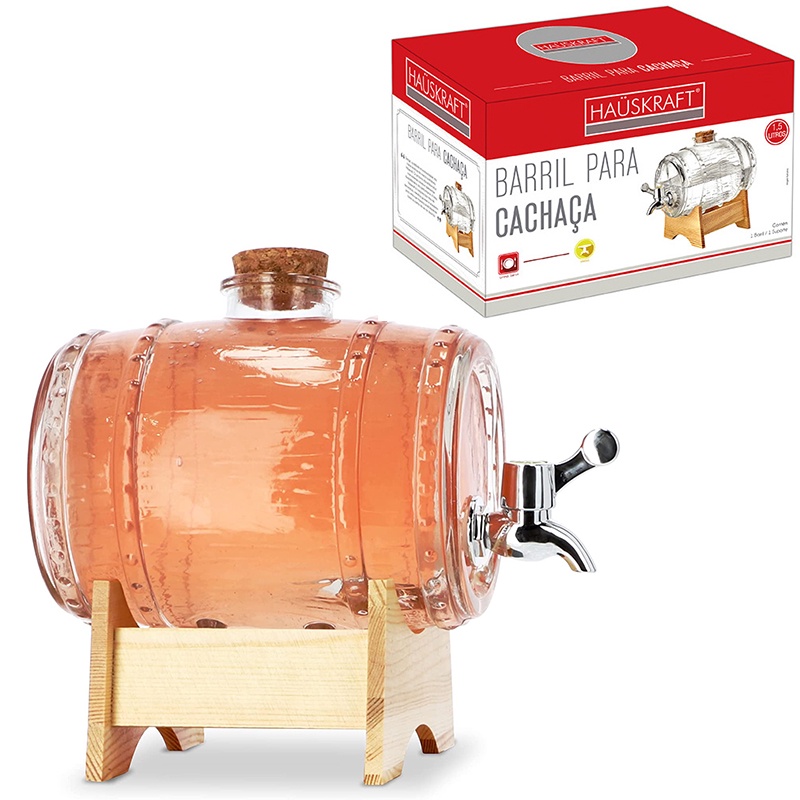 Barril Tonel Para Cachaça De Vidro 1,5 Litros Com Suporte De Madeira ...