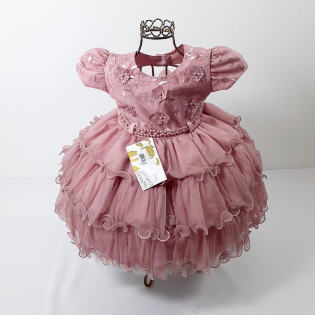 Vestido Bebê Rosa Pérolas Princesa Menina Bonita, Casamento