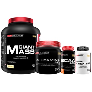 Kit Suplemento em Pó Hipercalórico Giant Mass 3kg + Power Creatina 100g + BCAA 4,5 100g + Glutamina 100% 300g - Aumento de Massa Muscular e Peso Corporal - Bodybuilders