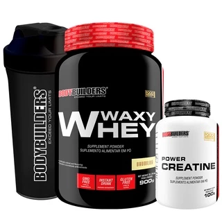 Kit Whey Protein Waxy Whey 900g, Power Creatina 100g, Coqueteleira - BodyBuilders Kit para aumento de massa muscular e perfomance
