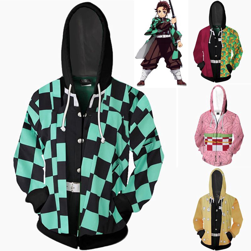 Moletom com Capuz e Zíper do Anime Demon Slayer:Kimetsu no Yaiba/Tanjiro Kamado/Casaco de Moletom para Cosplay