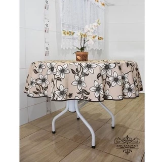 Toalha De Mesa Redonda 08 Cadeiras 2,20 X 2,20 Tecido Linho Estampado Flor Marrom