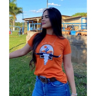Blusinha T-shirts Country Feminina laranja crânio de boi