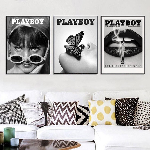 quadro decorativo 3 peças playboy vintage preto e branco decoração
