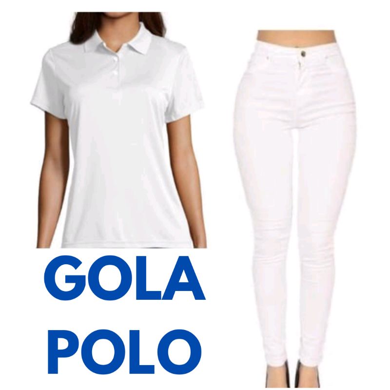 Kit Roupa Profissional De Saúde Uniforme Enfermeira Técnica De Enfermagem Multiprofissional Camiseta Feminina Polo Branca E Calça Feminina Jeans Branca Com Lycra Cintura Alta