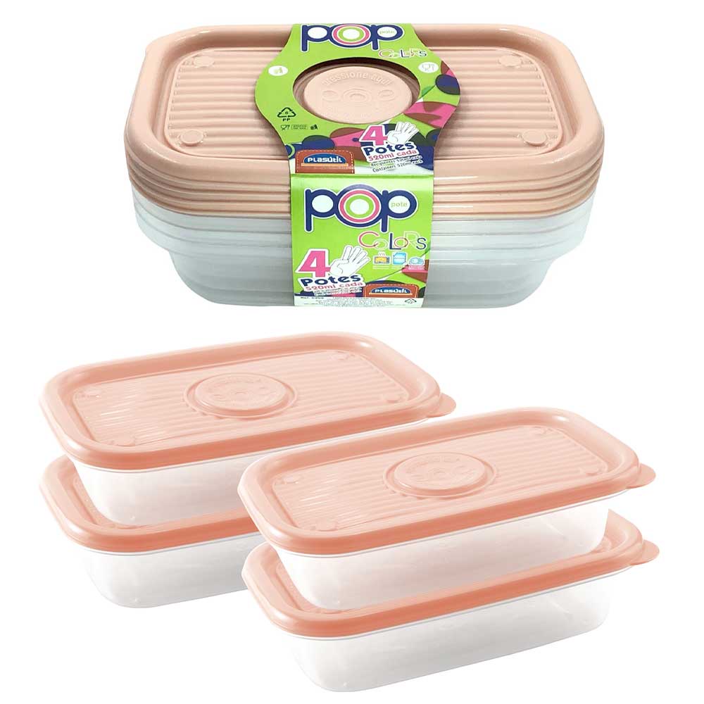 Jogo com 4 potes plástico Rosa Salmão 520ml para mantimentos alimentos ...