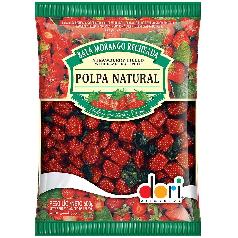 Bala Morango Recheada Polpa Natural 600g - Dori