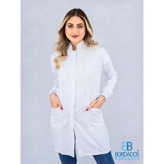 Jaleco Feminino Acinturado Gabardine Branco Gola Padre