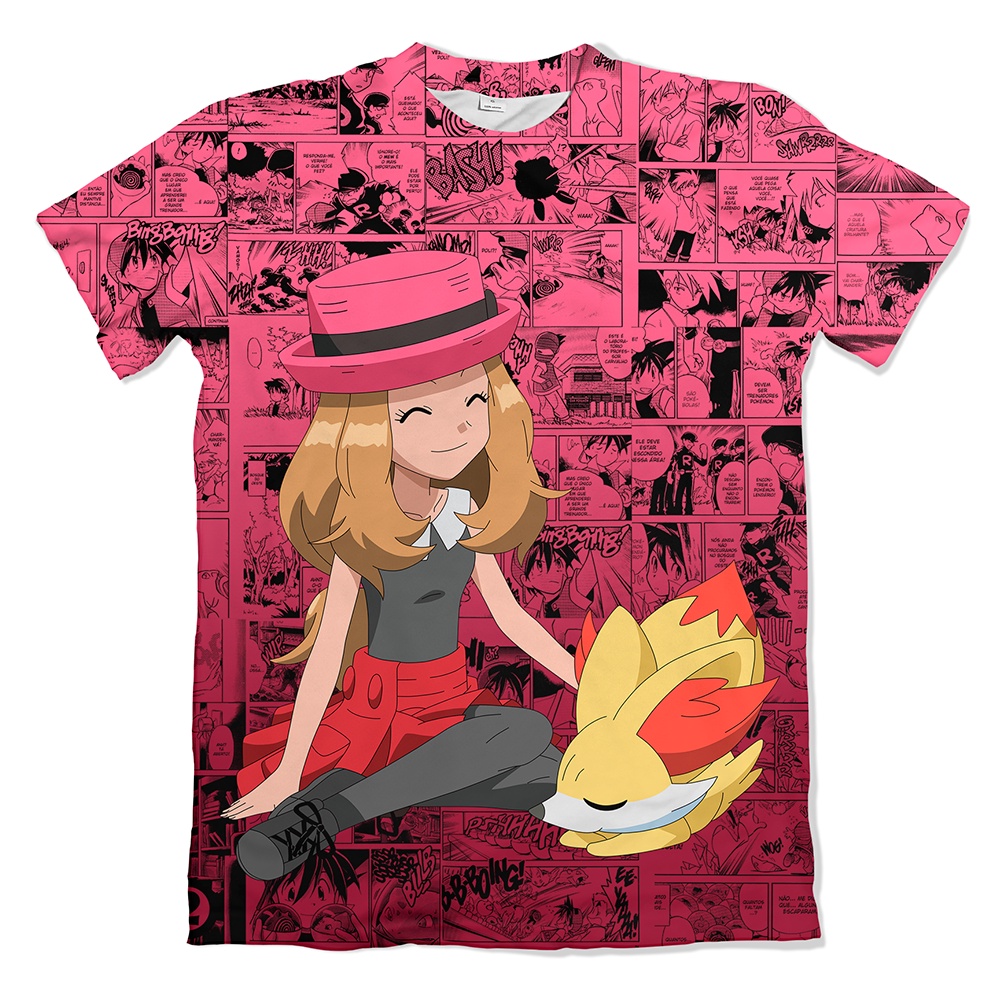Camisa Anime Pokemon Fundo Mangá - Serena e Fennekin