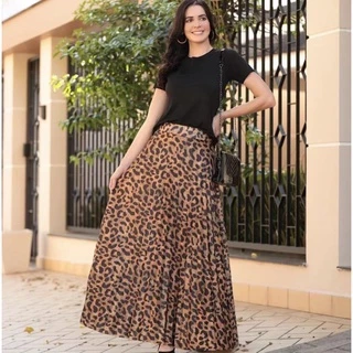 Saia plissada Longa Elegante Cintura Alta Onça-032