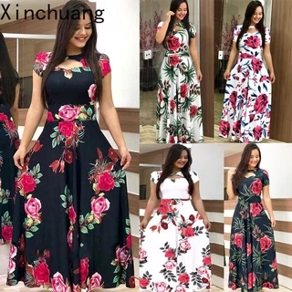 Vestido Longo Feminino Manga Curta Estampa Floral