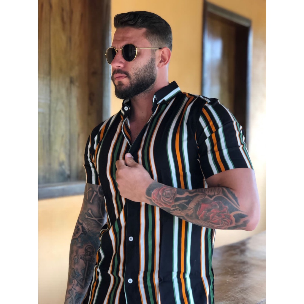 Conjunto Masculino Camisa e Short Viscose Listrado Havaiano Estampado Manga Curta Moda Praia Verão