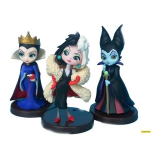 3 Miniaturas Bonecas Vilãs Disney Cruella Malévola Rainha Má