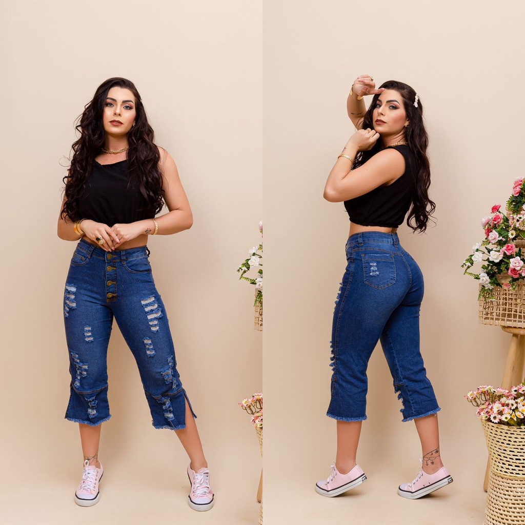 Calça Capri Jeans Feminina Destroyed