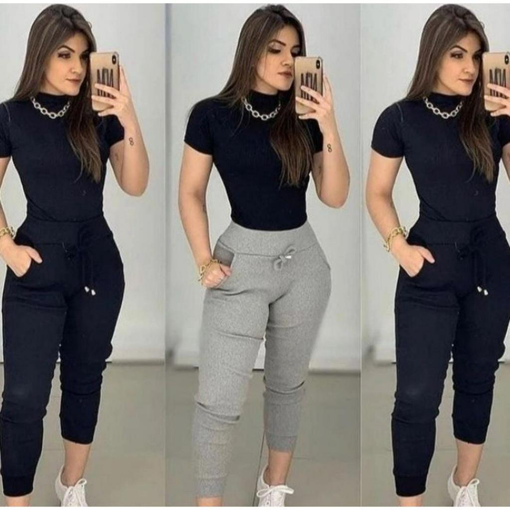 Calça moletom feminina jogger ribana cintura alta Canelada