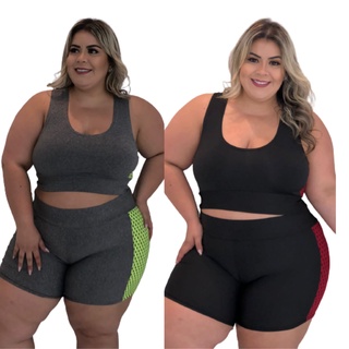 Short Legging Feminino Fitness Plus Size Liso Treino Kit 2 - Preto+Azul  claro