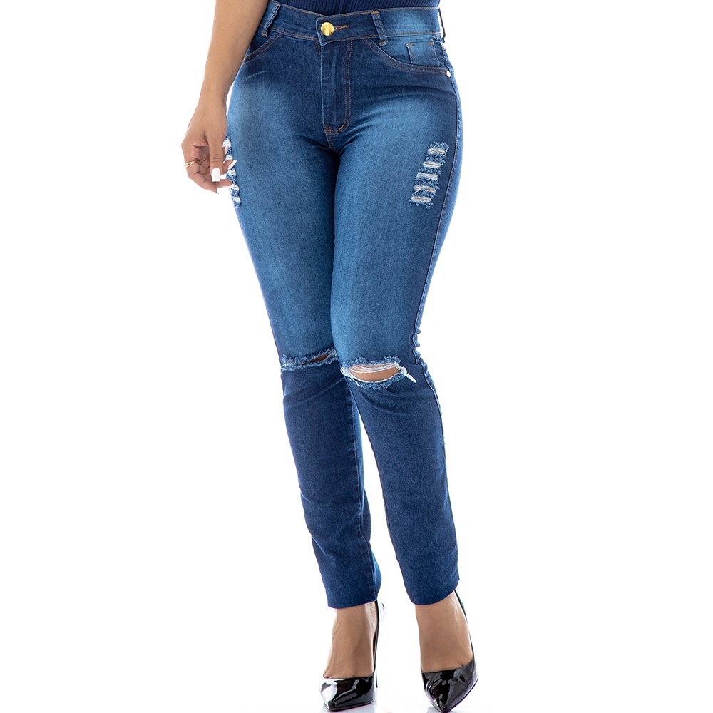 Calca Jeans Feminina Rasg Cintura Alta Com Lycra Hot Pants Azul