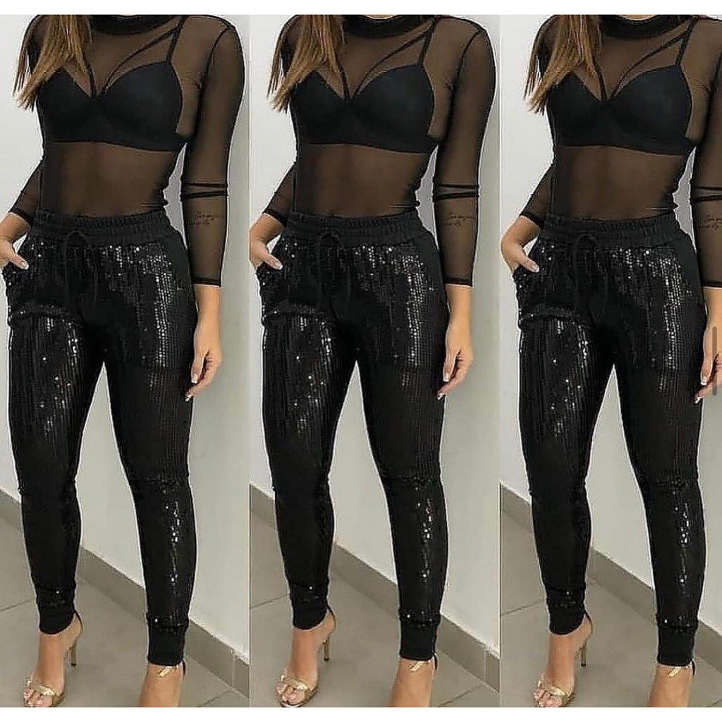 Calça preta feminina store brilhosa