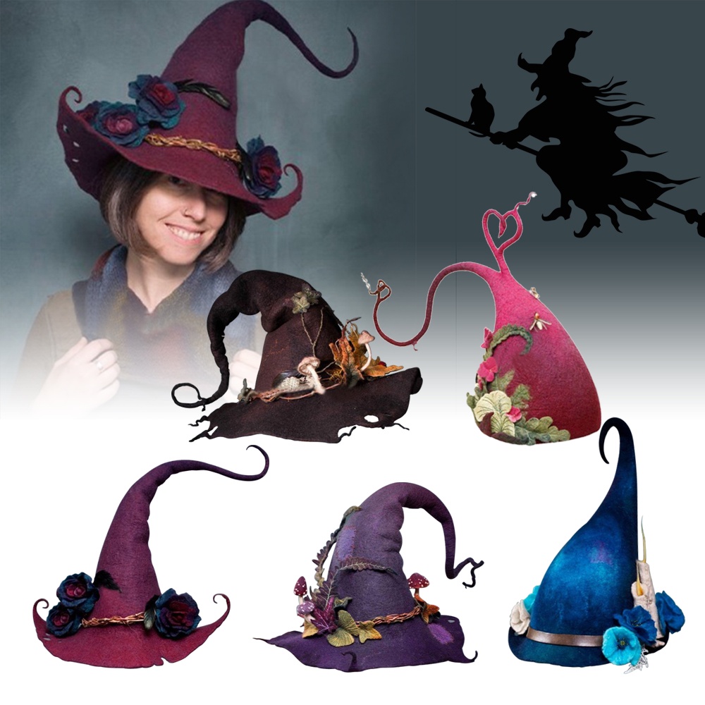 Chapéu de bruxa de Halloween, chapéu de bruxa de feltro feito à mão chapéu  de bruxa ajustável adereços de cosplay chapéu de bruxa fantasia de  Halloween para baile de máscaras e uso