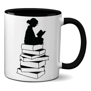 Caneca Pilha De Livros Amante Leitura Alça E Interior Preto