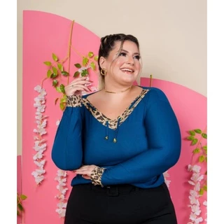 Blusa Manga Longa Plus Size Gola V Oncinha