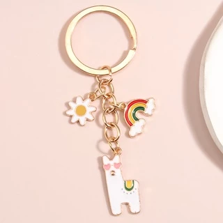 Adorável Esmalte Chaveiro Flor Arco-Íris Coração Alpaca Animal Chaveiros