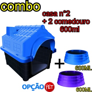 Combo Casa P/ Cachorro Home Class N°2 Azul + 2 Comedouro 600ml Para Cachorro Opção Pet