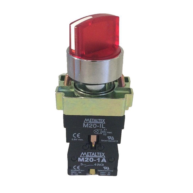 Chave Seletora Iluminada Vermelha 220V Metálica 2 Pos Fixas 90º 1NA M20ICR2-R-1A - METALTEX
