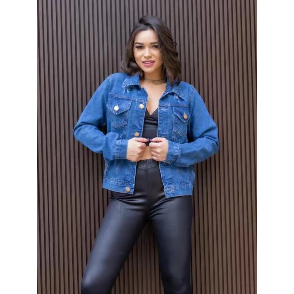 Jaqueta Jeans Escuro Com Barra Rasgado