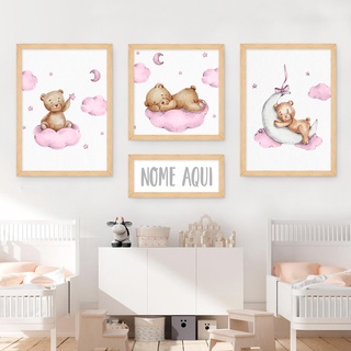 Kit 3 Quadros Decoração Quarto Bebe Ursinhas Cor de Rosa