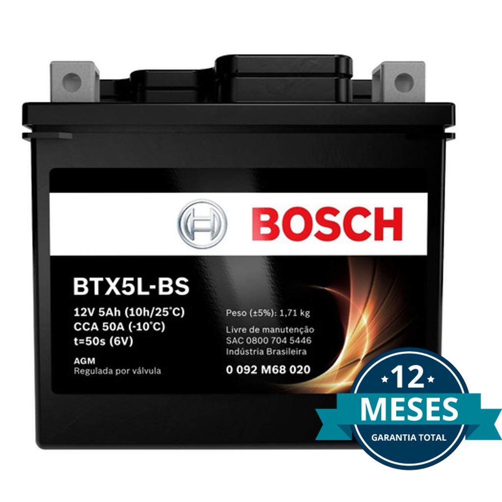 Bateria Moto Bosch BTX5LBS 5AH AGM - Xre 300 Crf 230 Bros Factor Original