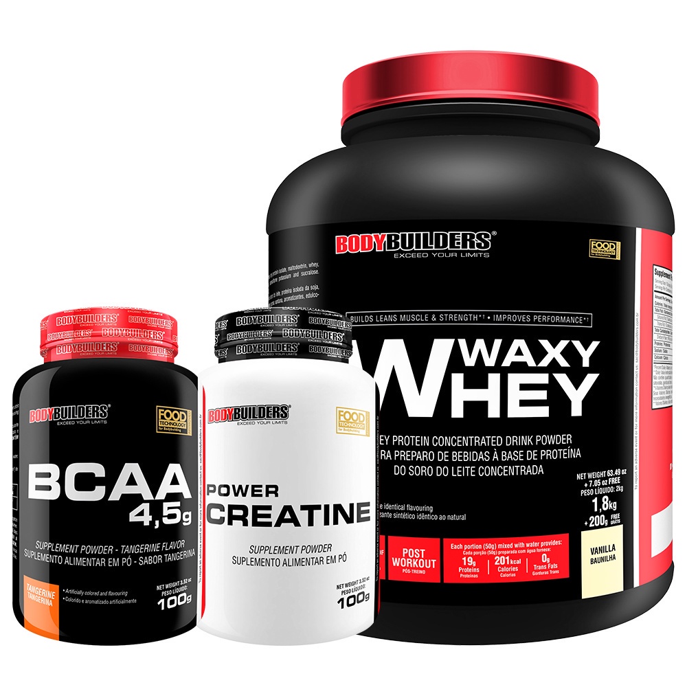 Kit Whey Protein Waxy Whey Pote 2kg + BCAA 4.5 100g + Power Creatina 100g – Kit Para Aumento de Força Muscular e Desempenho Físico – Bodybuilders