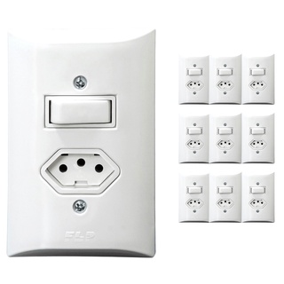 Kit 10 peças Interruptor Simples 1 Tecla + Toamda 10A 2p+t branco com espelho Bivolt 127V e 250V modelo Paris