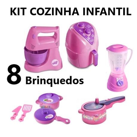 Kit Cozinha Infantil Com Fogão + Airfryer + Jogo De Jantar C/ Copos,  Pratinhos, Panelinhas De Brinquedo Fogãozinho Cooktop Comidinha