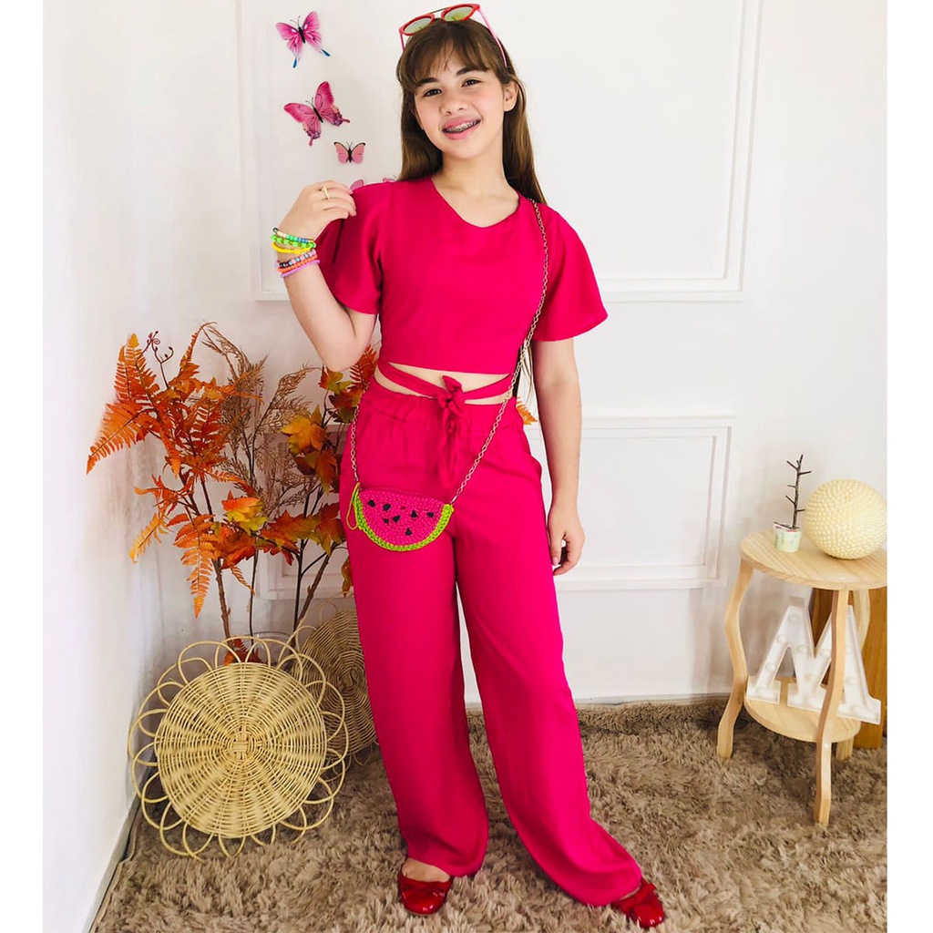 Conjunto Calça Infantil Com Blusa Cropped Manga Juvenil Luxo